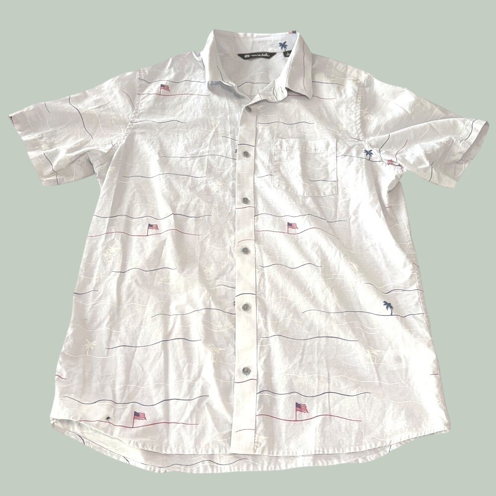 Travis Mathew American AOP Flag Palm Tree Shirt Mens Large Gray Golf Button Up